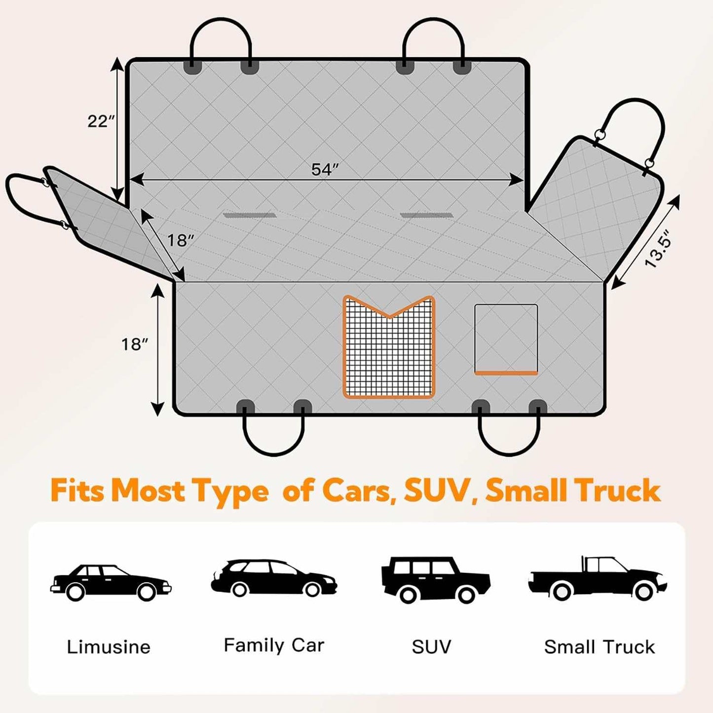 Waterproof dog seat cover outline with dimensions and car fit diagram for seats