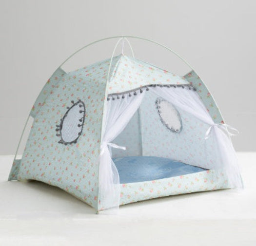 Enclosed cat tent pet bed, light blue fabric with animal patch graphics and mesh front