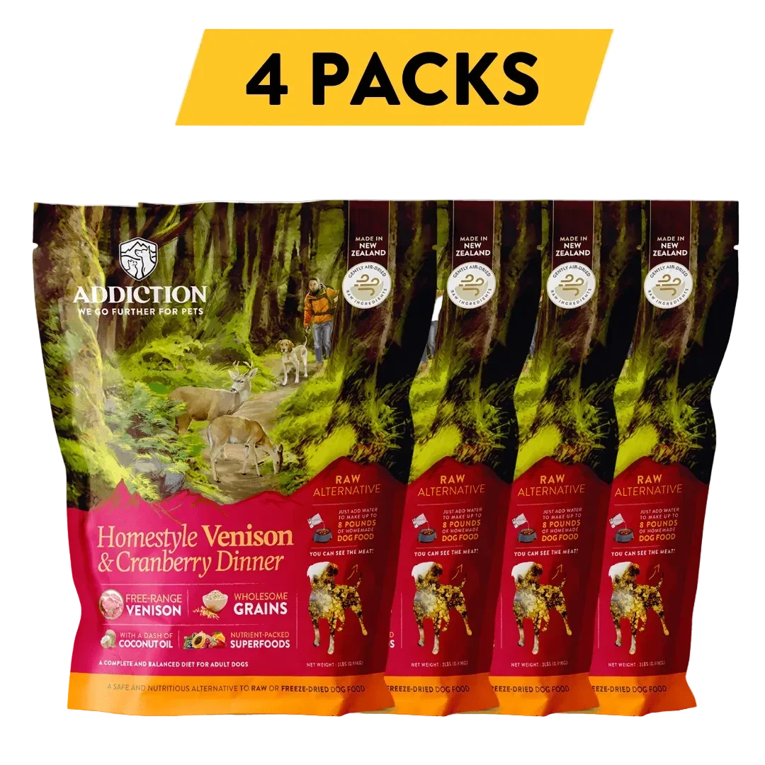 4 packs of Addiction Homestyle Venison & Cranberry Dinner raw alternative freeze-dried dog food, made in New Zealand