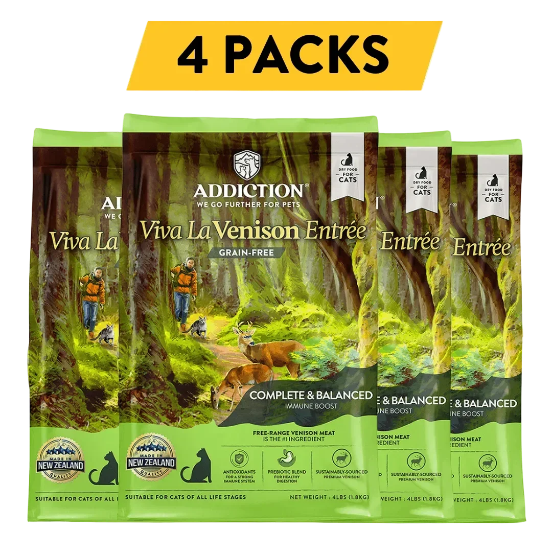 4-pack of Addiction Viva La Venison grain-free dry cat food bags