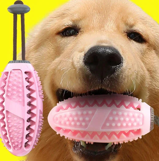 Pink dog chew toy with textured surface for dental care and interactive play