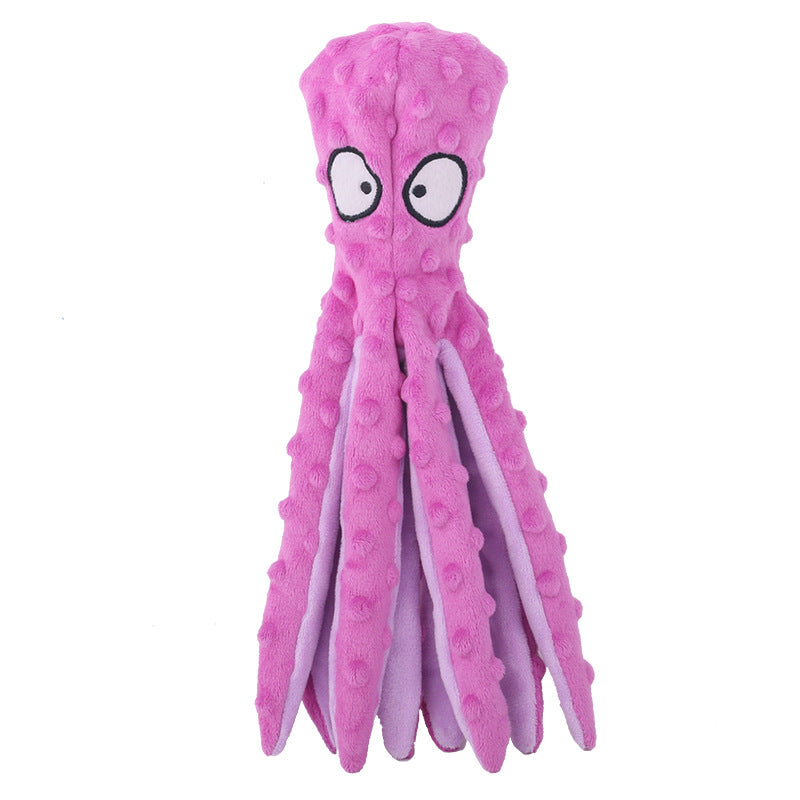 Pink octopus squeaky dog toy plush with big eyes and long tentacles