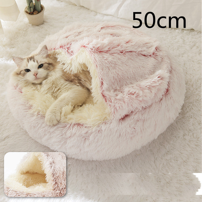 Pink and white plush pet bed for cats and dogs, round, 50cm