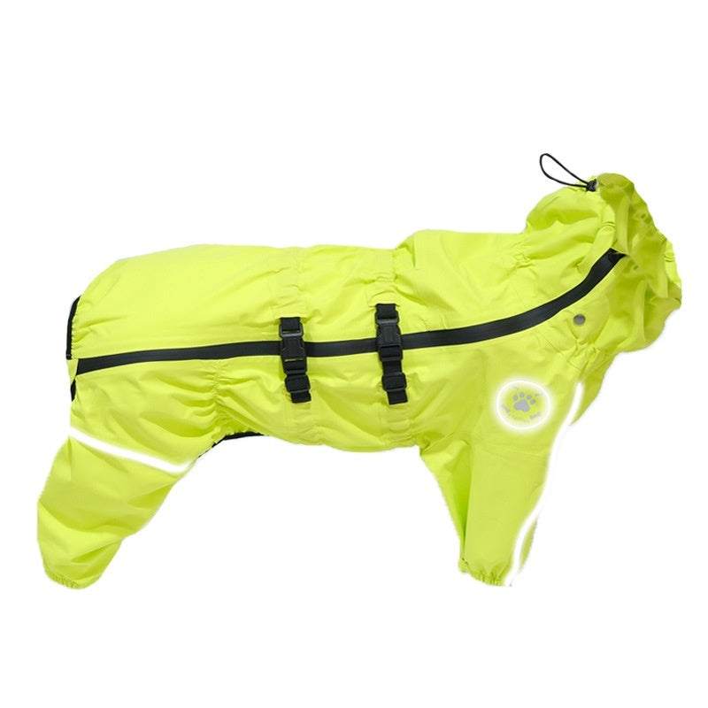Waterproof fluorescent green four-legged dog raincoat with front straps and reflective logo