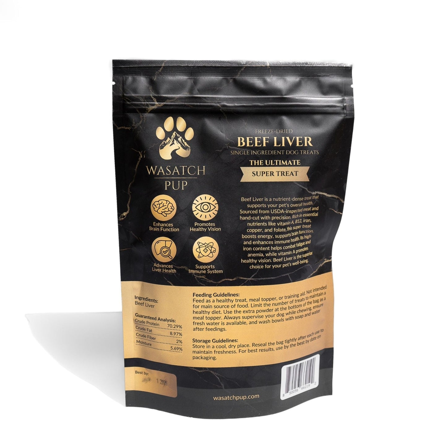 Freeze-dried beef liver dog treats pouch with back label visible