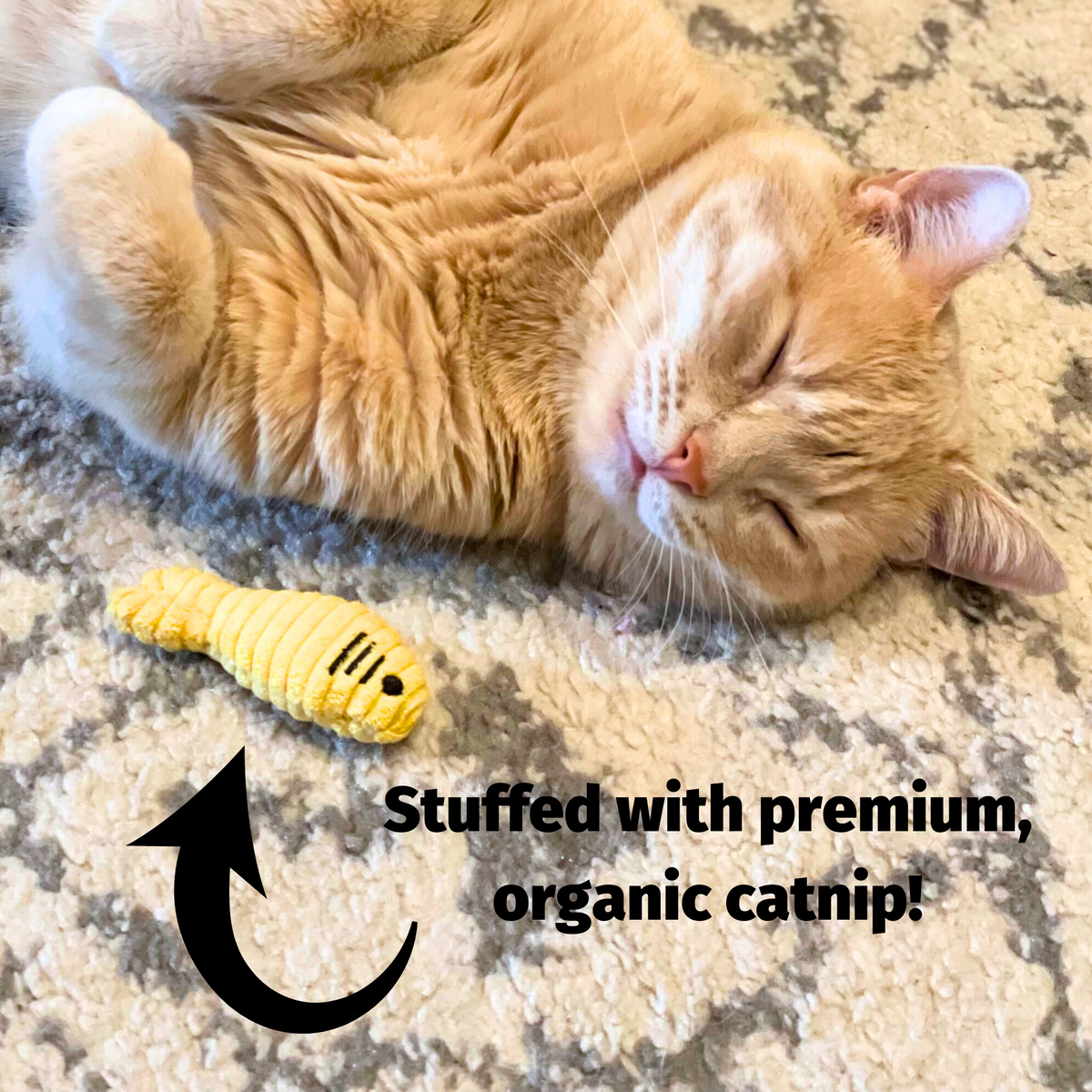Plush dust bunny cat toy, yellow with textured ridges, 3-pack