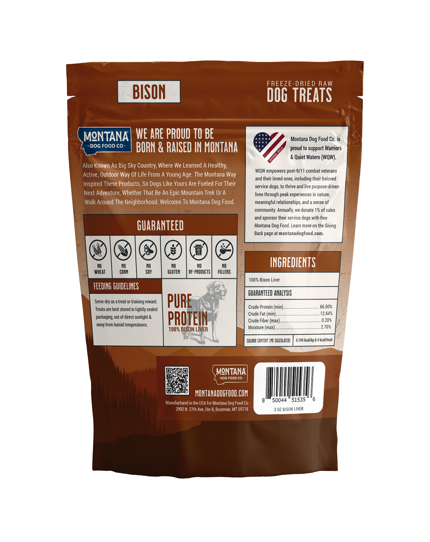 Freeze-dried raw dog treats bag back with ingredients list and feeding guidelines