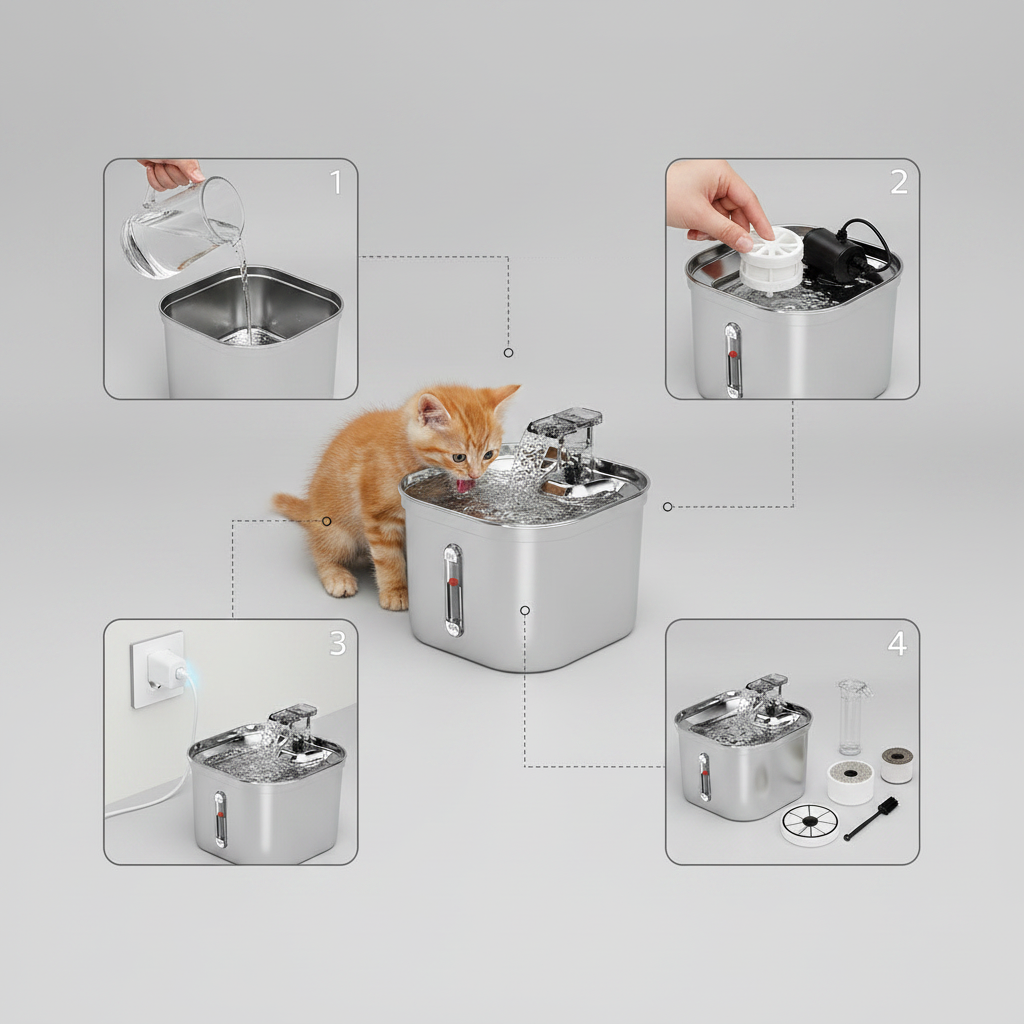 Stainless steel pet water fountain with open top as water is poured in