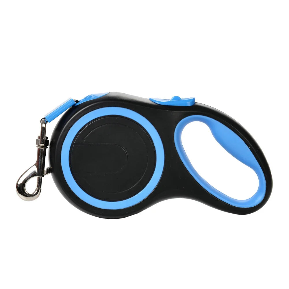 Black retractable dog leash with blue oval handle and metal clip