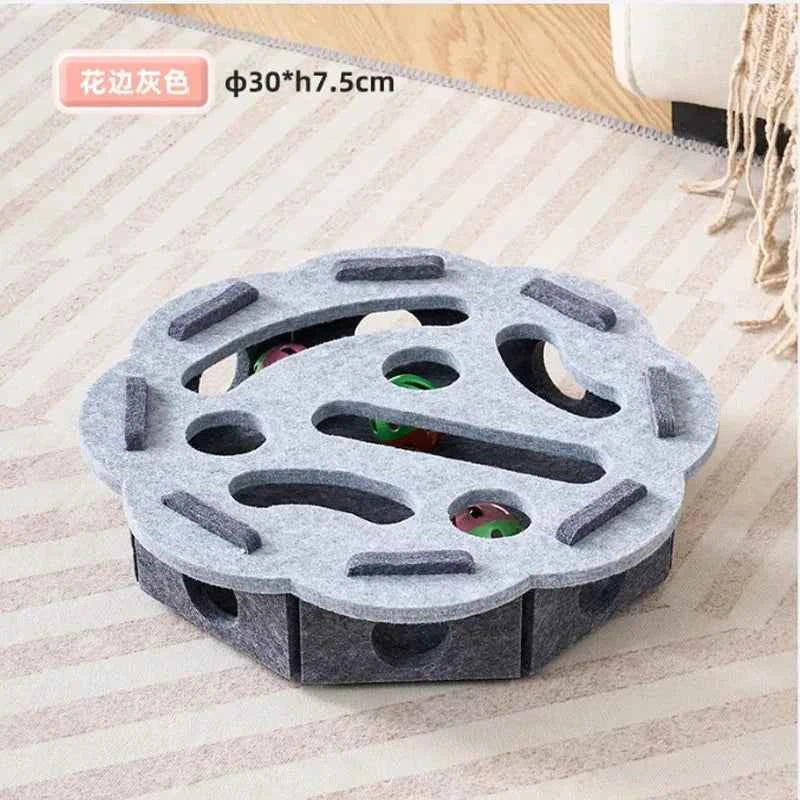 Gray cat puzzle toy with round maze top and toy mice peeking from cutout holes