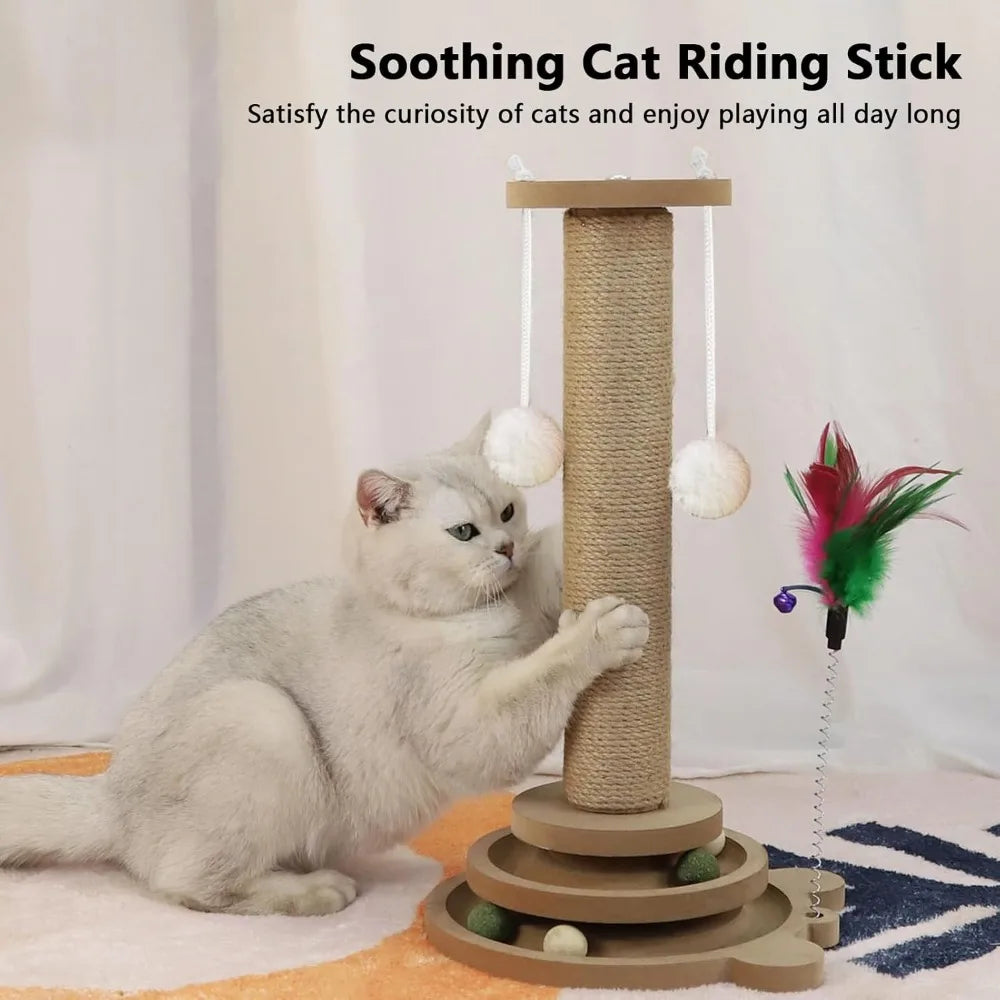 Gray sisal cat scratching post with hanging pom-pom toys and lounging white cat