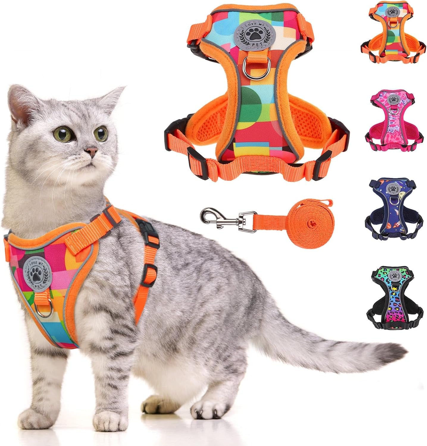 Adjustable cat harness and leash in orange with colorful geometric paw print