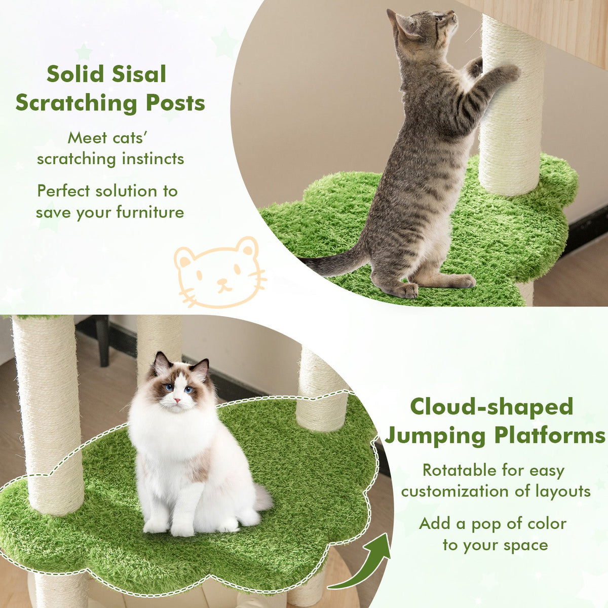 55-inch tall cat climbing stand with sisal scratching posts and cloud-shaped green platforms