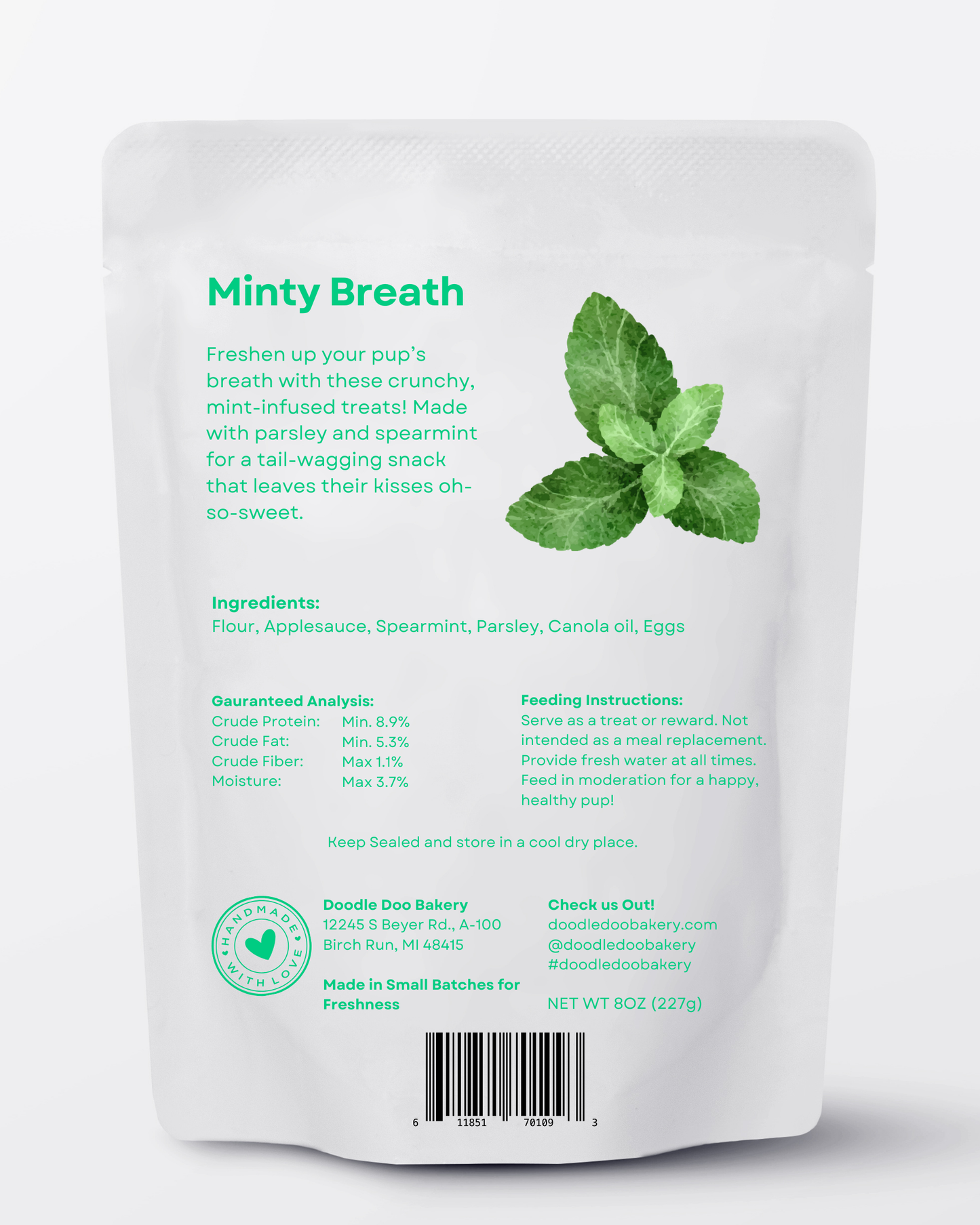 Minty Breath dog treat bag back with mint leaf graphic and ingredient text
