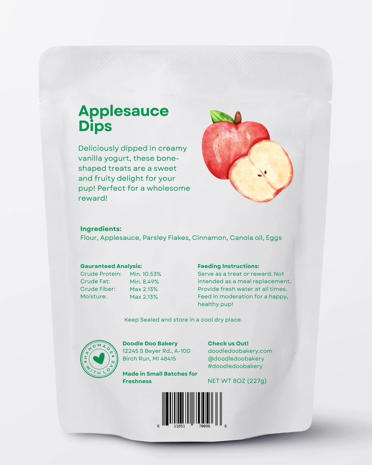 Applesauce dips dog treat pouch, back panel with ingredients and feeding instructions.