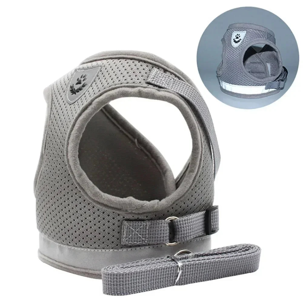 Gray breathable pet harness with reflective strip and adjustable straps for dog walking comfort