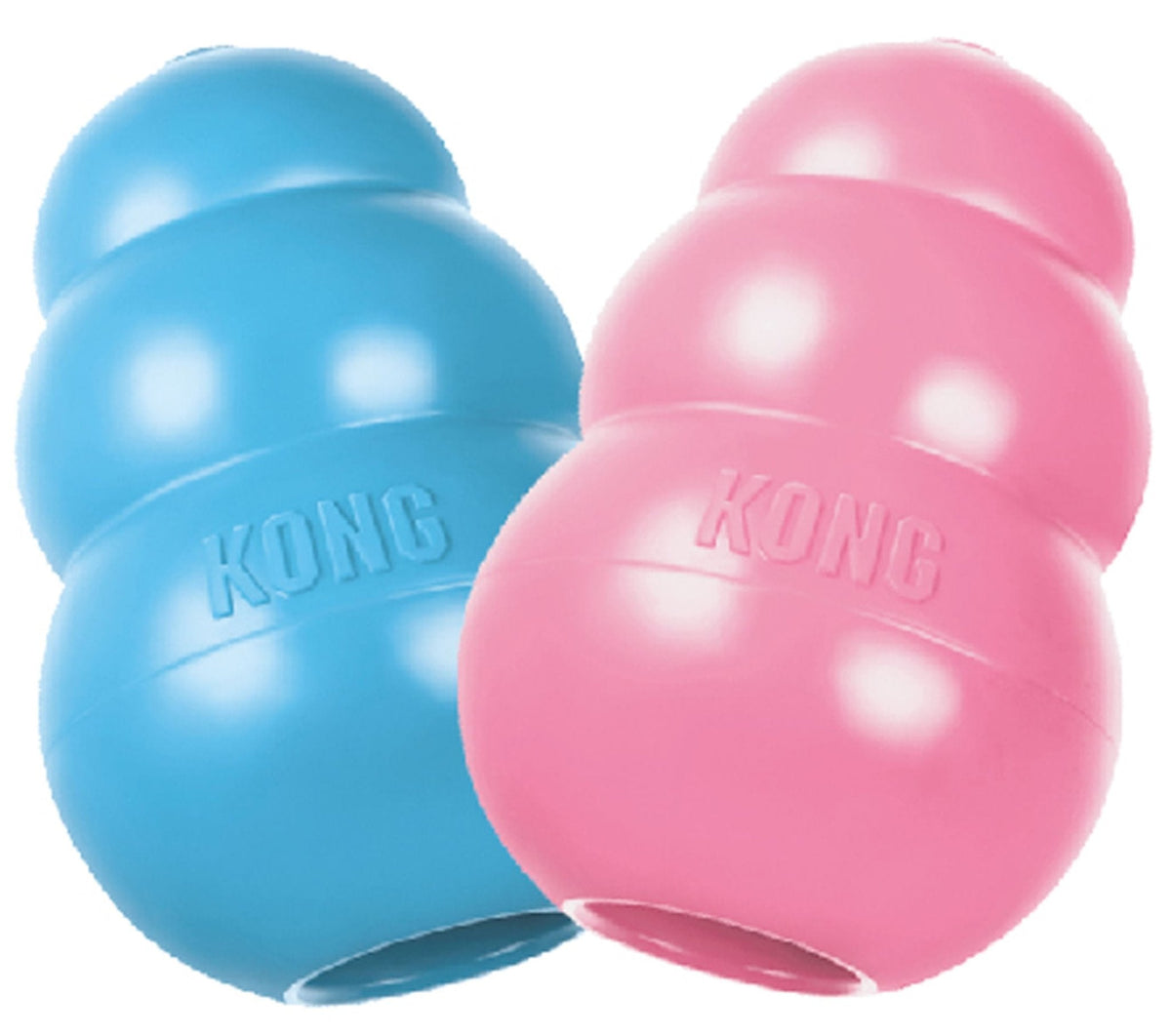 Pair of KONG Puppy treat-stuffing chew toys, blue and pink, natural rubber