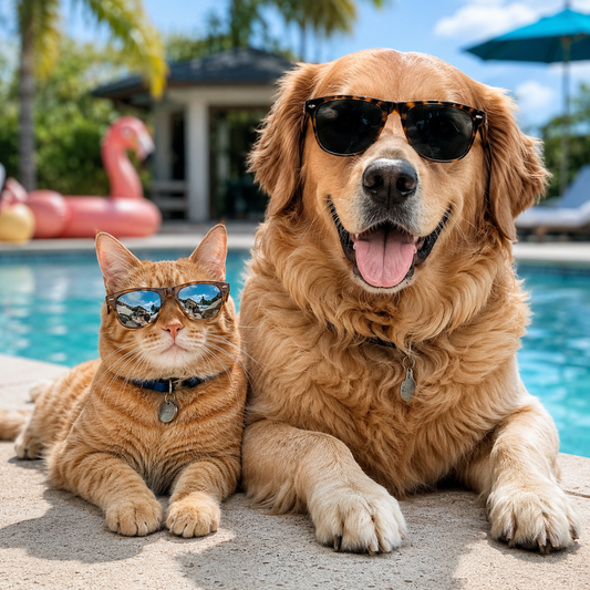 Orange tabby cat and golden retriever lounging in sunglasses, by a pool