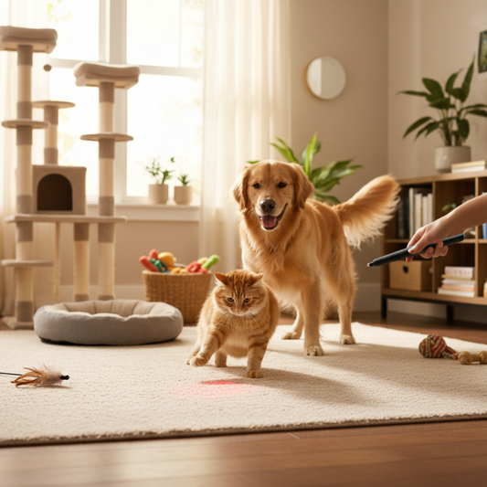 Dog and cat playing inside of a living room