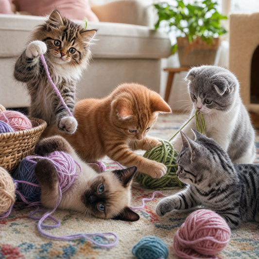 Kittens playing with yarn