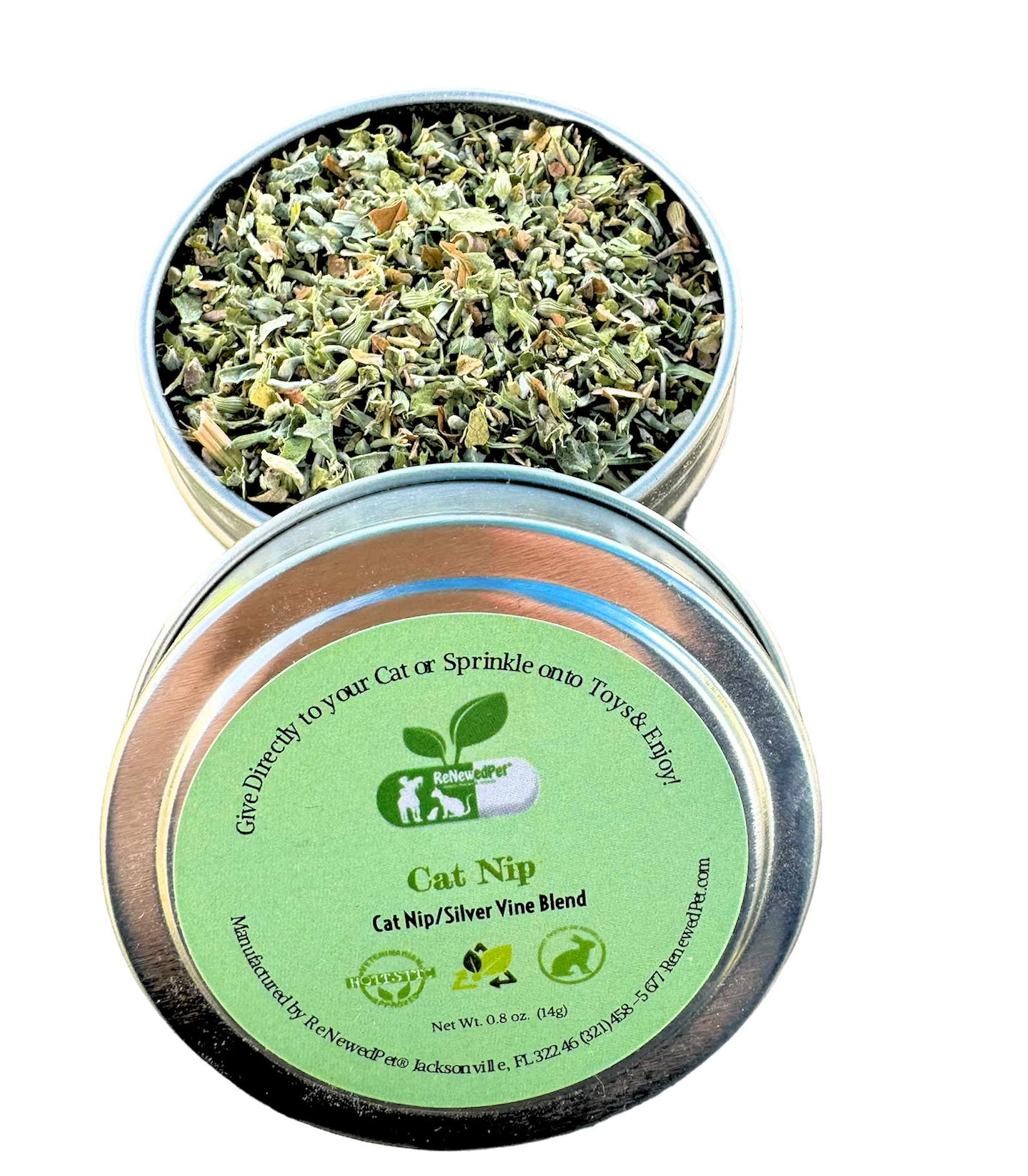 Catnip and silver vine mix metal tins with green labels and dried leaves