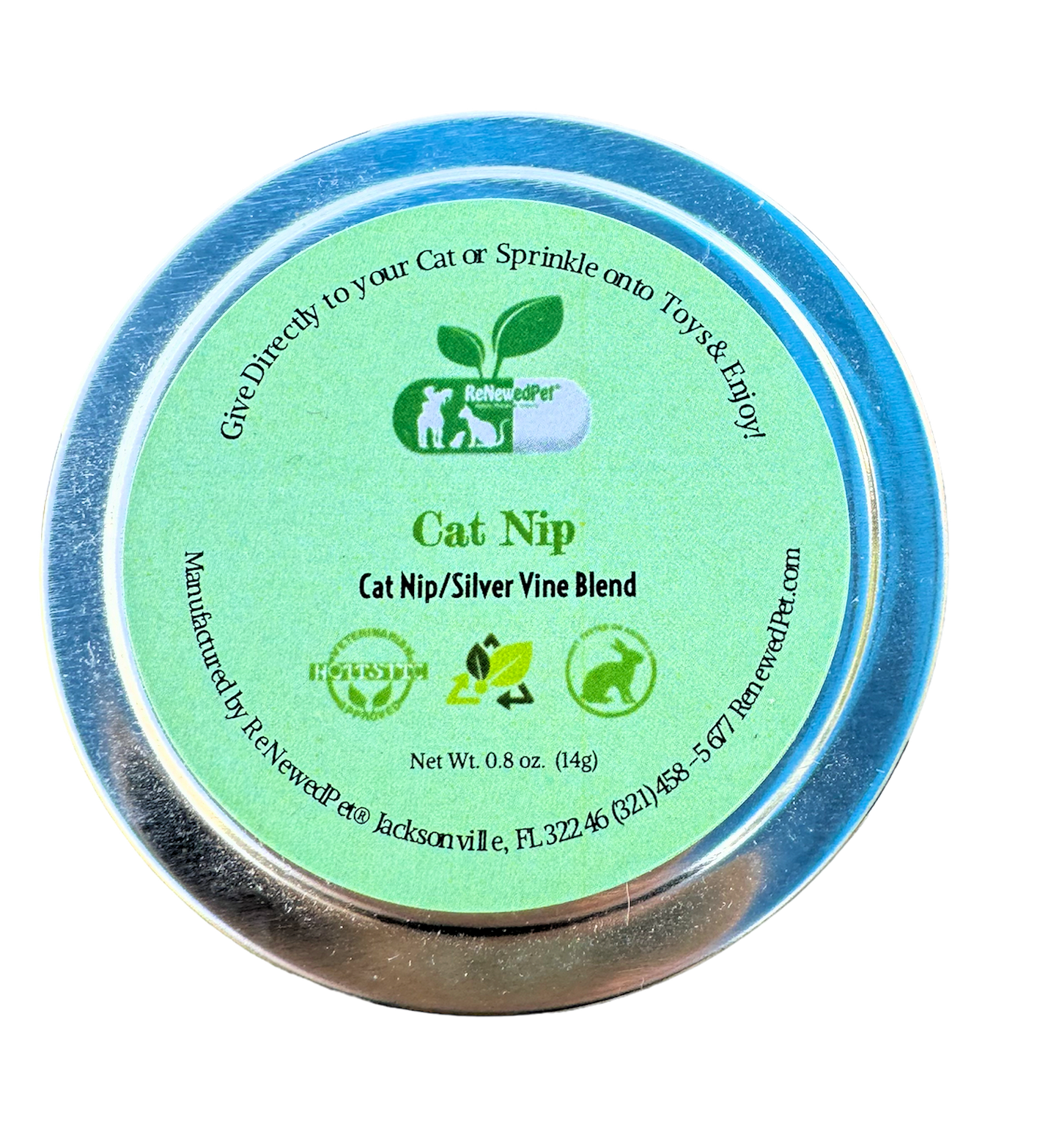 Catnip and silver vine mix metal tin lid with green label and blue rim