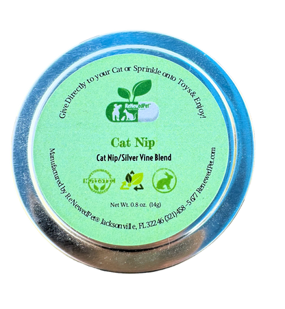 Catnip and silver vine mix metal tin lid with green label and blue rim