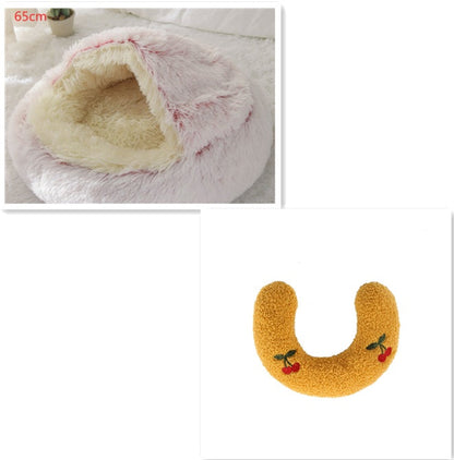 65cm plush pet bed, golden-brown U-shaped cushion with flower embroidery