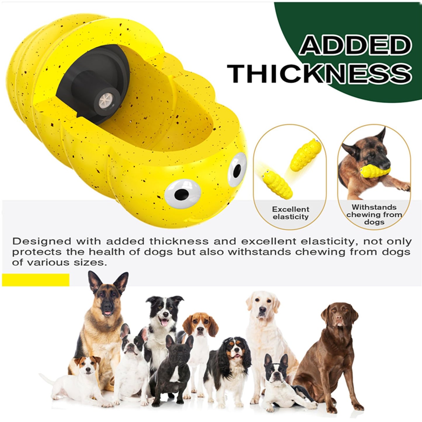 Yellow caterpillar-shaped chew toy with ridged texture and recessed center piece.