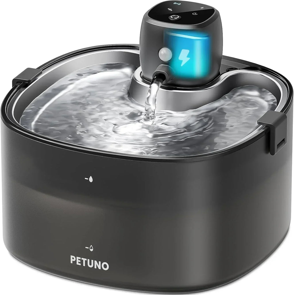 PETUNO automatic cat water fountain with flowing water and LED battery indicator for pet hydration