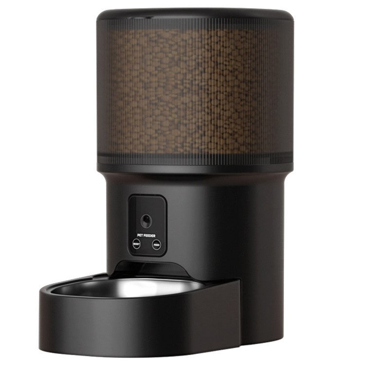 Black smart pet feeder close-up with textured hopper and open food tray