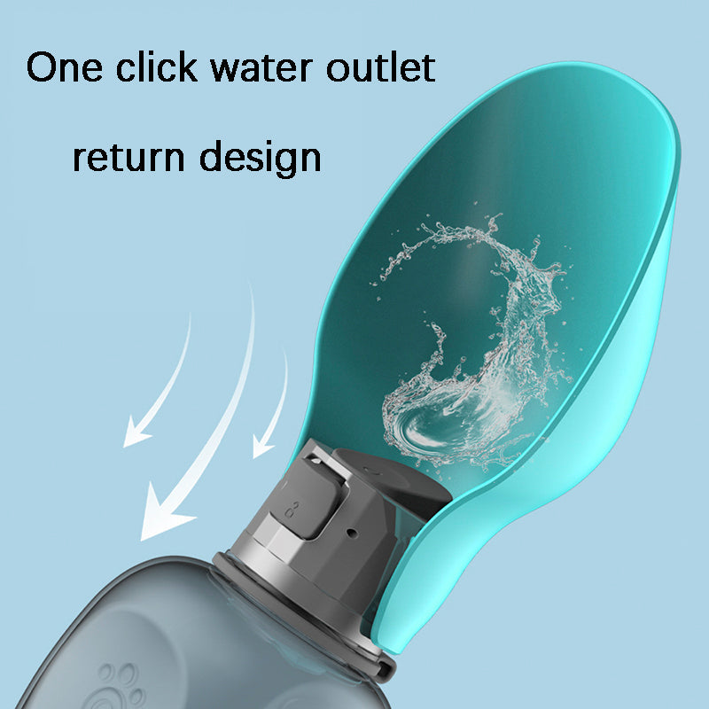 Portable dog water bottle with one-click outlet and return design; turquoise trough with water