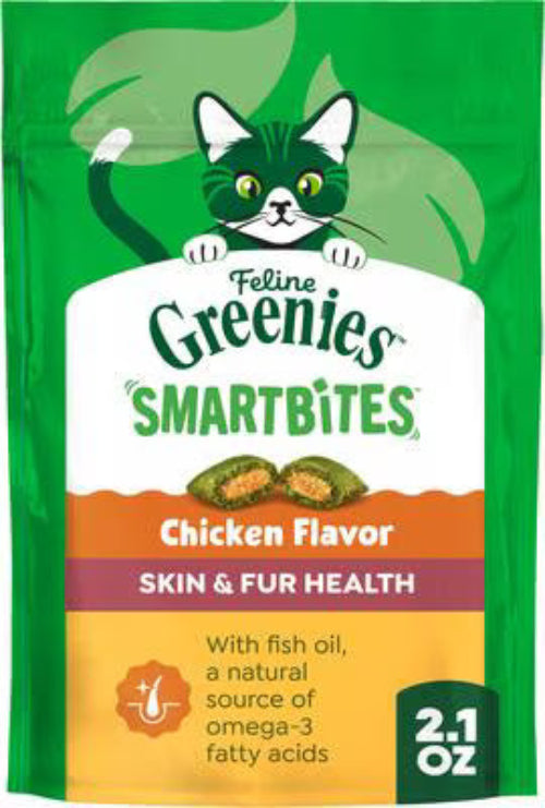 Feline Greenies SmartBites Chicken Flavor cat treat package on a green background