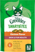 Feline Greenies SmartBites Chicken Flavor cat treat package on a green background
