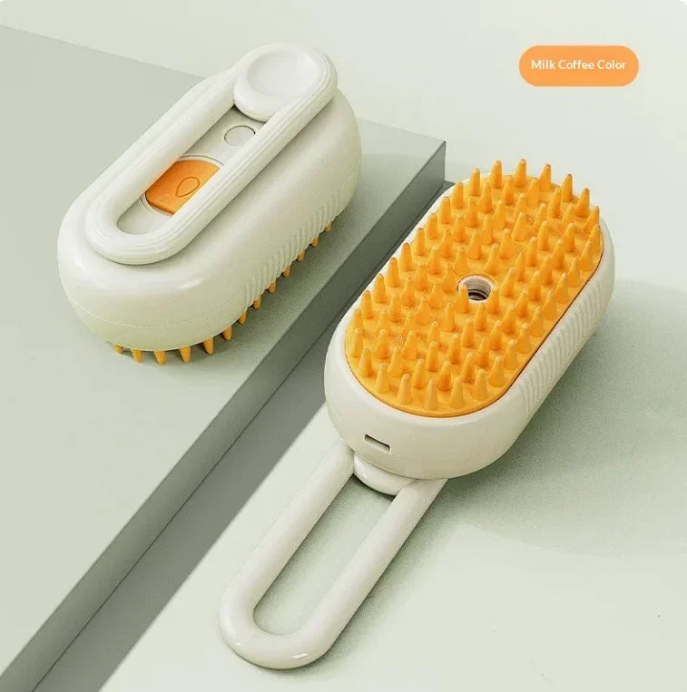 Cat steam brush set, white body with orange spiky brush and flat paddle
