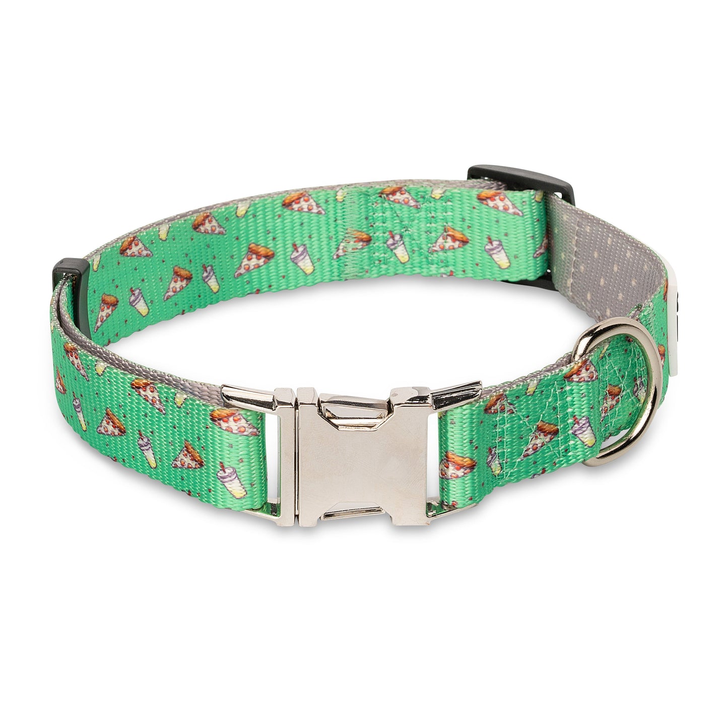 Green pizza-themed dog collar with silver buckle and adjustable strap