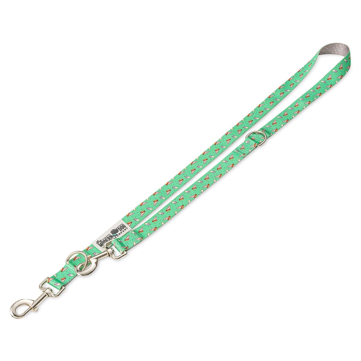 Green pizza-pattern dog leash with metal snap hooks, adjustable strap