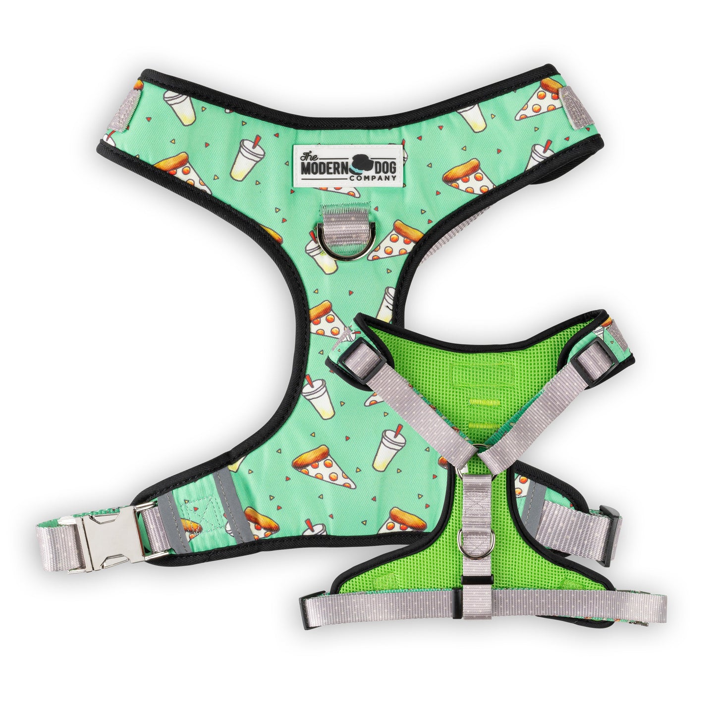 Pizza-print dog harness with Modern Dog Company label and adjustable front strap set
