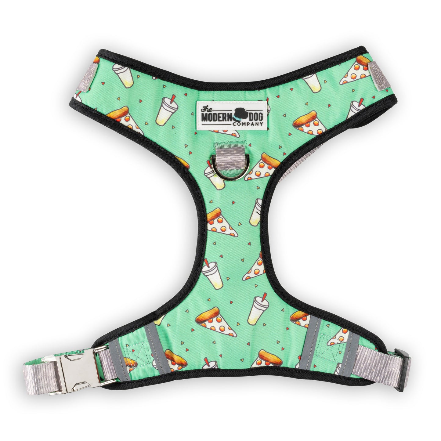 Mint green dog harness with pizza print, Modern Dog Company logo, and adjustable buckles