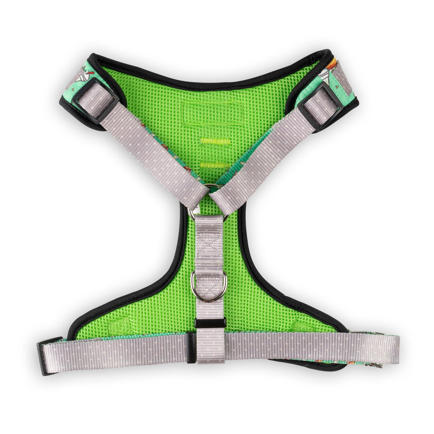 Bright green dog harness with gray reflective straps and adjustable front buckles