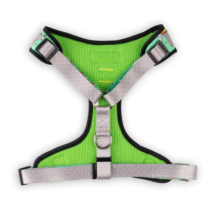 Bright green dog harness with gray reflective straps and adjustable front buckles