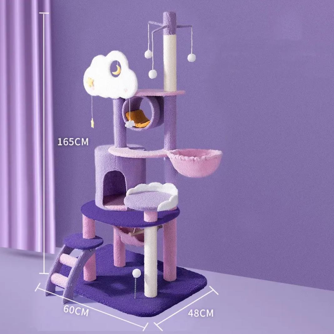 Cat scratching platform with moon cloud top, oval tunnel, stacked perches, and pink hammock
