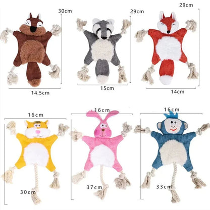 Adorable plush dog toys with rope tassels in animal shapes like squirrel, raccoon, fox, cat, bunny, and monkey for interactive play.