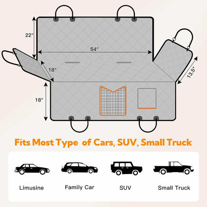 Waterproof dog seat cover outline with dimensions and car fit diagram for seats