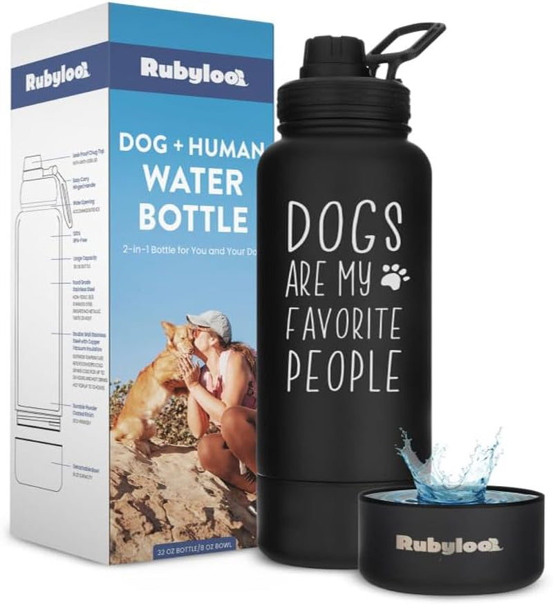 Black insulated water bottle with text "Dogs are my Favorite People" and detachable bowl