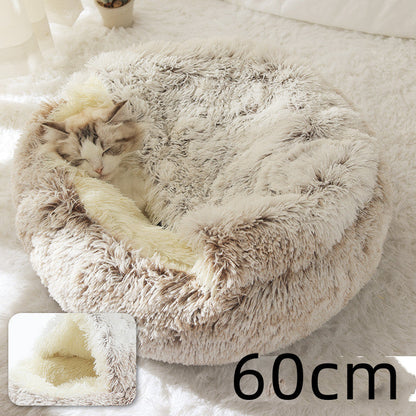 Plush pet bed for cats and dogs, 60cm, tan shag round cave with sleeping cat