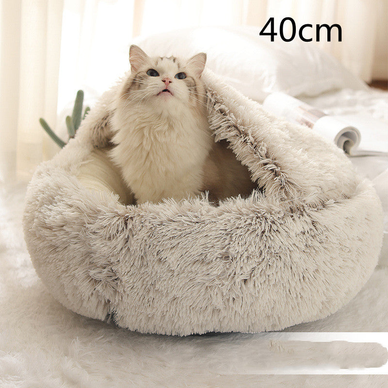 Cream plush round pet bed with shaggy rim, 40 cm