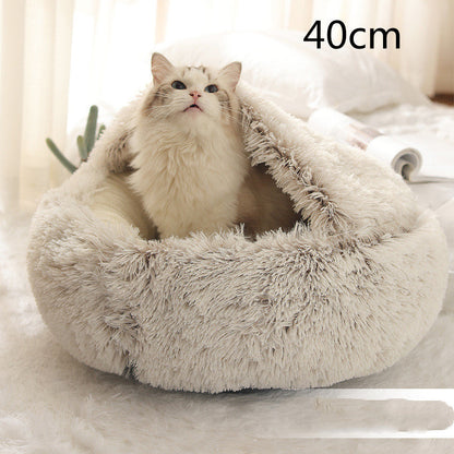 Cream plush round pet bed with shaggy rim, 40 cm