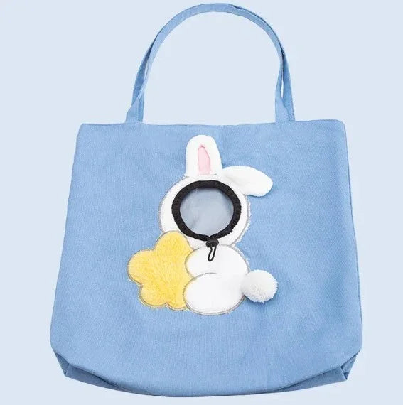 Blue tote bag with cute bunny design, perfect for pet supplies and accessories