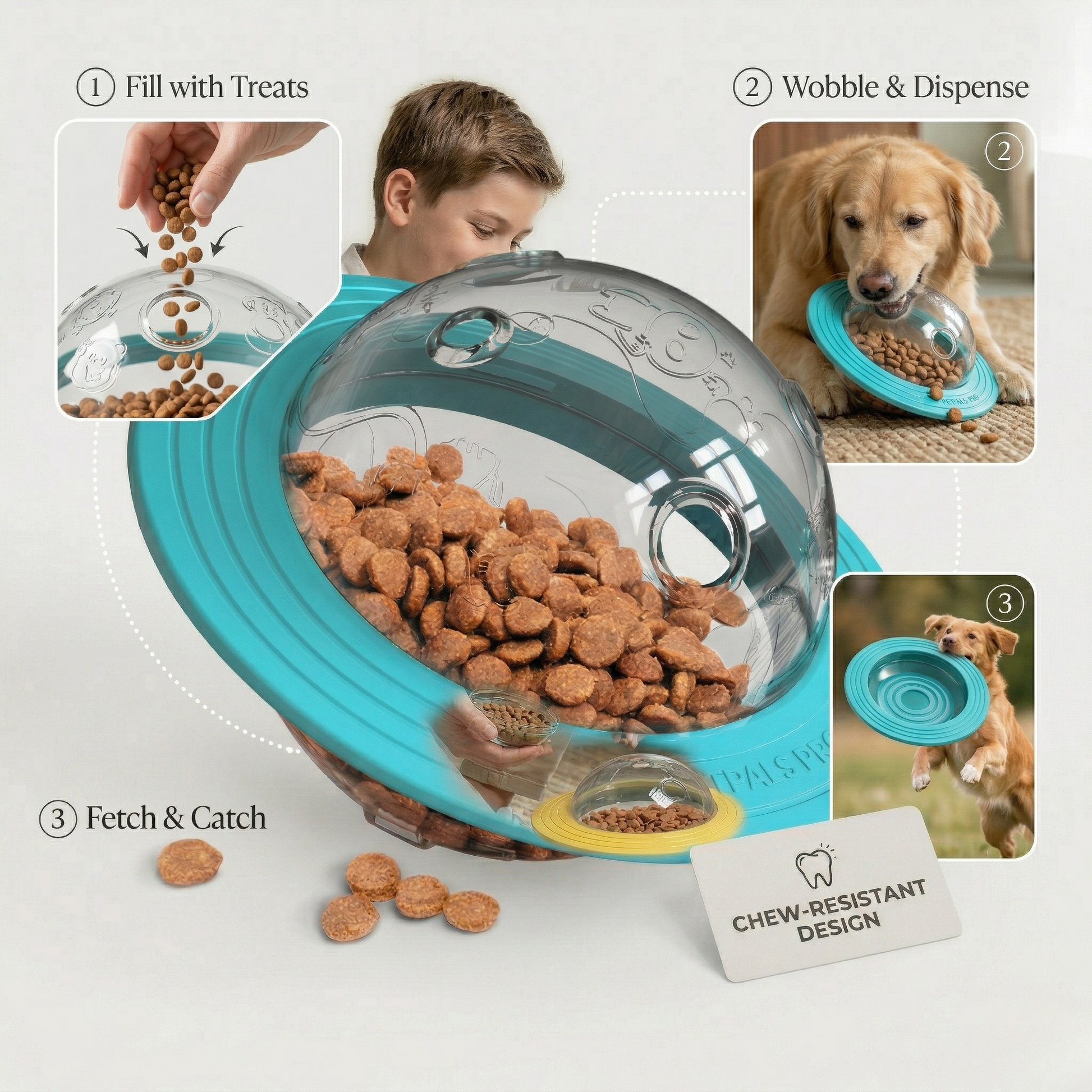 Teal interactive dog treat toy with clear dome, yellow base, and anti-chew design